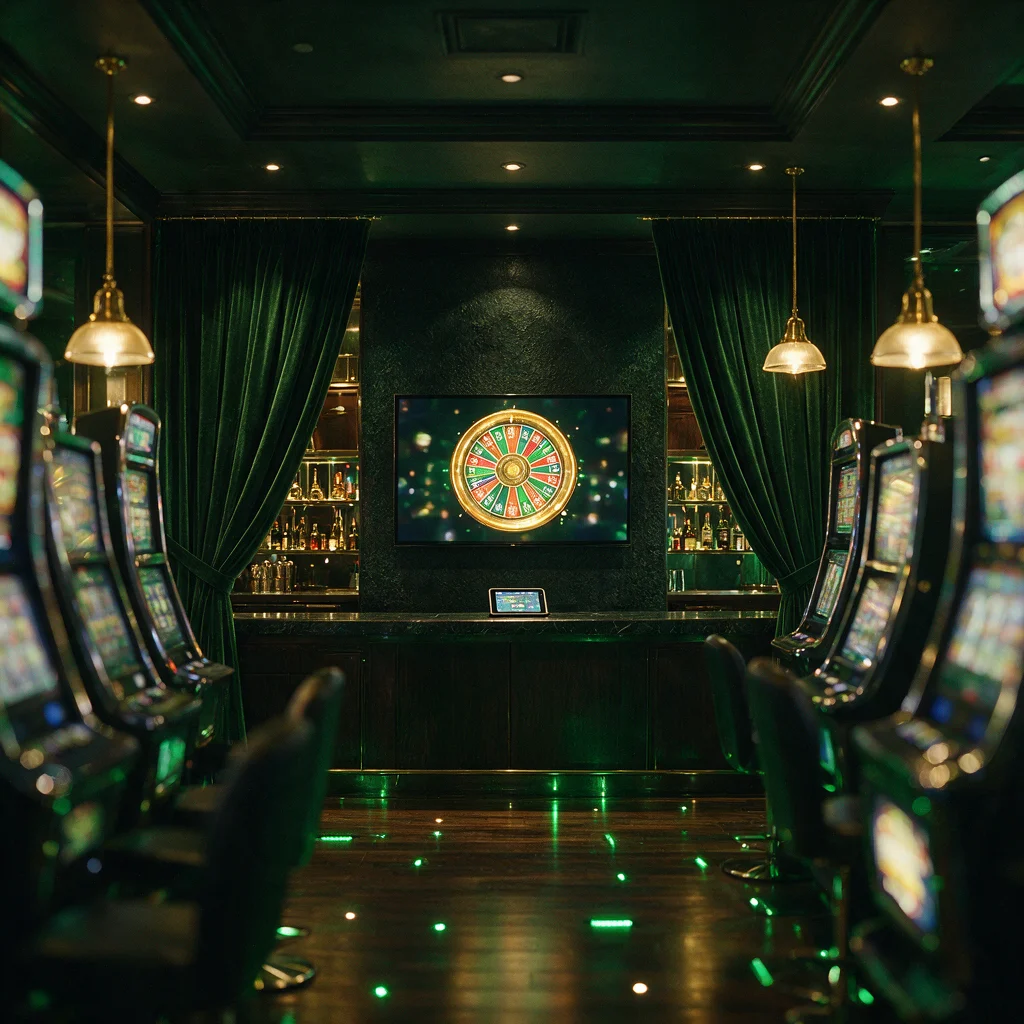 Herňa s TV obrazovkou, na ktorej beží koleso šťastia a jackpot, a tabletom na bare